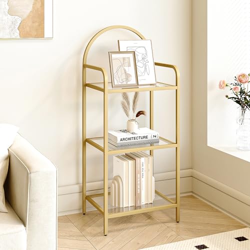 Hzuaneri Regal, Bücherregal aus gehärtetem Glas, schlankes Regal für Schlafzimmer, Badezimmer, Heimbüro, Stahlrahmen, 3 Ablagen Gold BC10301G von Hzuaneri