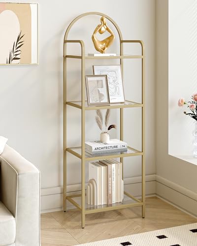 Hzuaneri Regal mit 4 Ablagen, Bücherregal aus gehärtetem Glas, schlankes Regal für Schlafzimmer, Badezimmer, Heimbüro, Stahlrahmen, Gold BC04001G von Hzuaneri