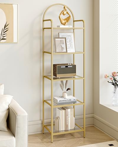 Hzuaneri Regal, Bücherregal aus gehärtetem Glas, schlankes Regal für Schlafzimmer, Badezimmer, Heimbüro, Stahlrahmen, mit 5 Ablagen Gold BC05001G von Hzuaneri