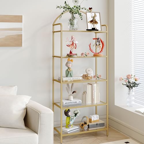 Hzuaneri Regal mit 5 Ablagen, Bücherregal aus gehärtetem Glas, schlankes Regal für Schlafzimmer, Badezimmer, Heimbüro, Stahlrahmen, Gold BC21599G von Hzuaneri