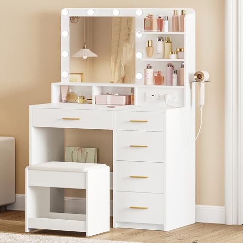 Hzuaneri Schminktisch mit 10 LED-Lichtkugeln, 3 Farben, Schminktisch mit Stecker Und Großem Spiegel, Hocker Und Haartrocknerhalter, Dressing Table mit Mehreren Schubladen, Weiß DT39003X von Hzuaneri