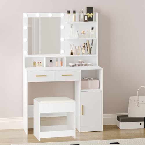 Hzuaneri Schminktisch mit Hocker,mit Spiegel und 10 LED-Beleuchtung, Einstellbare Helligkeit, Schminkkommode mit 2 Schublade & 1 Schrank, Weiß DT32503D Hzuaneri Schminktisch mit Hocker,mit Spiegel und 10 LED-Beleuchtung, Einstellbare Helligkeit, Schminkkommode mit 2 Schublade & 1 Schrank, Weiß DT32503D von Hzuaneri