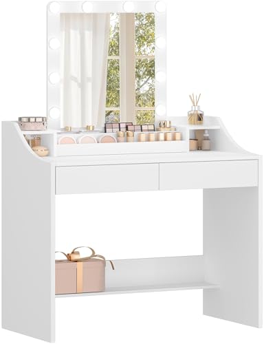 Hzuaneri Schminktisch mit LED-Beleuchtung, 90cm, Einstellbare Helligkeit, Schminktisch mit Spiegel, mit 2 Schubladen und 3 Offenen Fächern, Modern, Weiß DT40703X von Hzuaneri