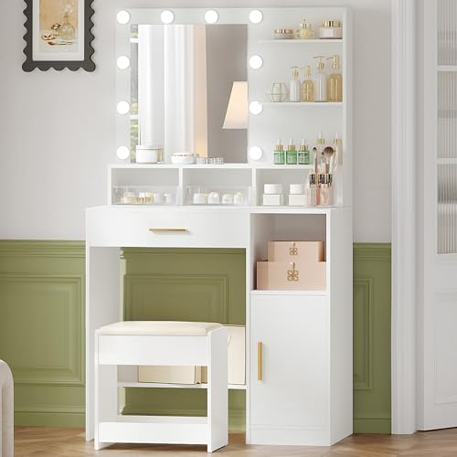 Hzuaneri Schminktisch mit Spiegel und 10 LED-Leuchten, Hocker, Schminkkommode mit 3 Ablagen & 4 offenen Fächern, Schminktisch mit Großer Schublade & Schrank VT08103D Hzuaneri Schminktisch mit Spiegel und 10 LED-Leuchten, Hocker, Schminkkommode mit 3 Ablagen & 4 offenen Fächern, Schminktisch mit Großer Schublade & Schrank VT08103D von Hzuaneri