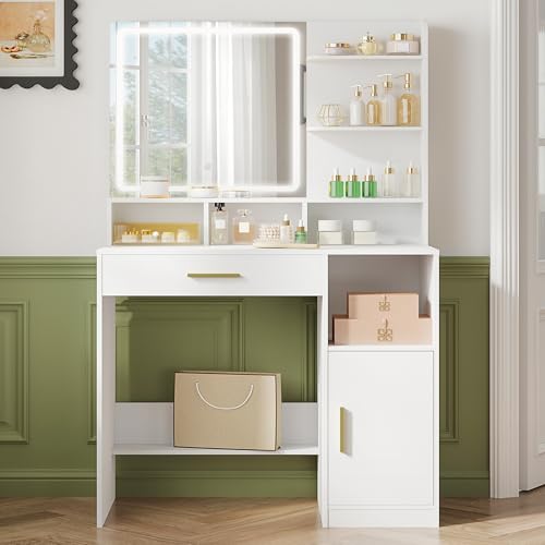 Hzuaneri Schminktisch mit Spiegel und LED-Licht, mit 3 Ablagen und 4 Offenen Fächern, Schminktisch mit Großen Schubladen und Schränken, 3 Fach Regulierbare Beleuchtung, Weiß DT42103XEU Hzuaneri Schminktisch mit Spiegel und LED-Licht, mit 3 Ablagen und 4 Offenen Fächern, Schminktisch mit Großen Schubladen und Schränken, 3 Fach Regulierbare Beleuchtung, Weiß DT42103XEU von Hzuaneri