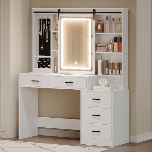 Hzuaneri Schminktisch mit Verstellbarer LED-Beleuchtung, Abnehmbarer Großer Spiegel, mit Schmuckaufbewahrung, Offene Regale, 5 Schubladen, mit Beistelltisch, für Schlafzimmer, Weiß DT33103X von Hzuaneri