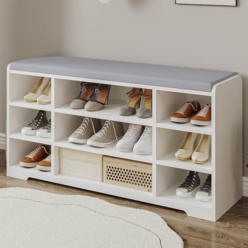 Hzuaneri Schuhbank, Schuhregal mit Sitzfläche, Sitzbank mit Stauraum, Kissen, 9 Fächer, 30 x 103 x 52,7 cm, verstellbare Ablagen, für Wohnzimmer, Flur, Schlafzimmer, weiß-grau SB10003X von Hzuaneri