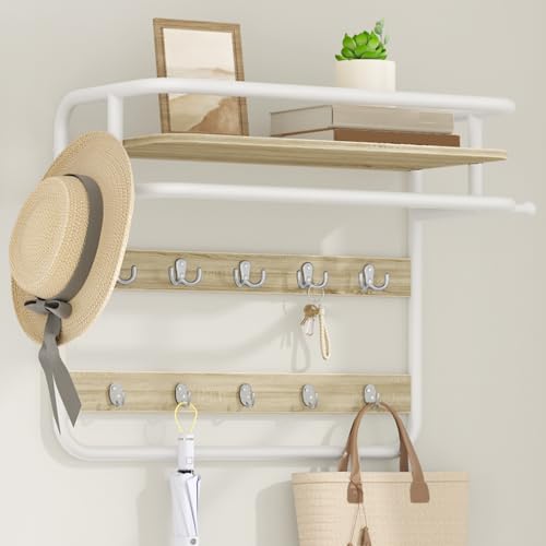 Hzuaneri Wandgarderobe, mit Ablage, Wandregal mit 10 abnehmbaren Haken, 2 seitliche Befestigungshaken, 1 Stangen, 30 x 65 x 55 cm, für Flur, Schlafzimmer, Wohnzimmer, Eichefarben-Weiß LCR60116W von Hzuaneri