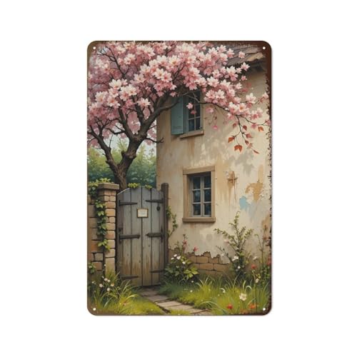 Hzws Metall-Blechschild im Vintage-Stil, Motiv: rosa Blumen, Hoflandschaft, Wanddekoration, Poster für Zuhause, Garten, Terrasse, Hinterhof, Café und Hof für Frauen, 30,5 x 20,3 cm, 2D flach von Hzws