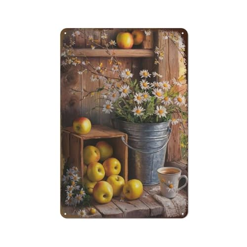 Hzws Metall-Blechschild im Vintage-Stil mit Obst- und Blumenstrauß-Design, Wanddekoration, für Zuhause, Garten, Café, Terrasse, Hinterhof, Pavillon, Bar, Geschäft, 30,5 x 20,3 cm, 2D flach von Hzws