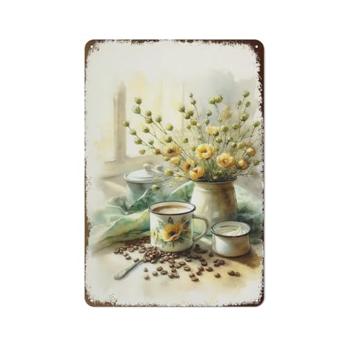Hzws Wanddekoration aus Metall, Motiv: Kaffee und Blumenstrauß, Retro-Wanddekoration, Poster, geeignet für Restaurant, Flur, Bar, Café, 30,5 x 20,3 cm, 2D flach von Hzws