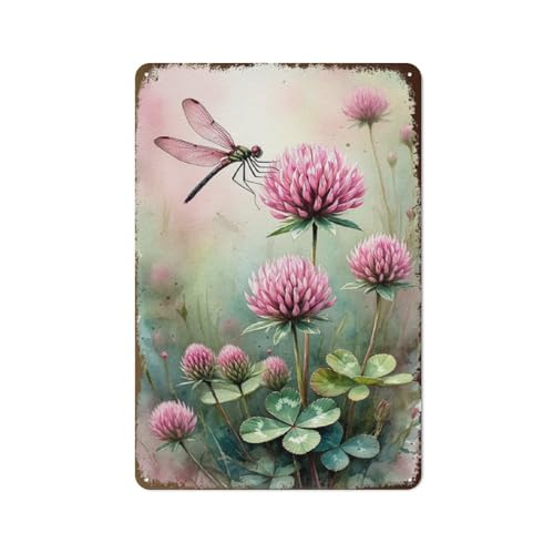 Metall-Blechschild mit Libelle und rosa Blumen, nostalgischer Stil, Wanddekoration für Garten, Blumenladen, Terrasse, Café und Bauernhaus, 30 x 20 cm, 2D flach von Hzws