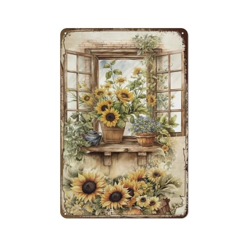 Metall-Blechschild mit Sonnenblumen-Motiv, gemütliche Atmosphäre, Wanddekoration für Zuhause, Garten, Geschäft, Terrasse, Café und Bauernhaus, 30 x 20 cm, 2D flach von Hzws