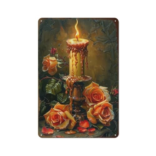 Metall-Blechschild mit brennender Kerze und gelber Rose, nostalgischer Stil, Wanddekoration, Poster für Zuhause, Garten, Terrasse, Hinterhof, Café und Bar, Terrasse, 30,5 x 20,3 cm, 2D flach von Hzws