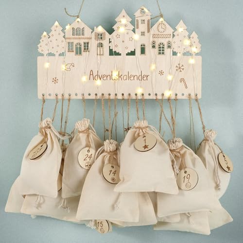I LOVE MOM Adventskalender zum Befüllen – 24 Baumwollbeutel & Holz Zahlenanhänger – Wiederverwendbarer Adventskalender zum Selber Befüllen, DIY Weihnachtsdeko von I LOVE MOM