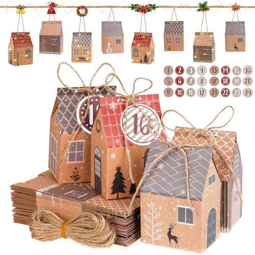 I LOVE MOM Adventskalender zum Befüllen, Adventskalender mit Zahlenaufklebern, 24 Stück Weihnachten Party Geschenkboxen zum Aufhängen oder Aufstellen, Weihnachts-Deko DIY(Weihnachts House) von I LOVE MOM