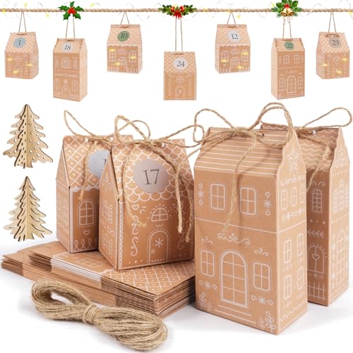 I LOVE MOM Adventskalender zum Befüllen, Adventskalender mit Zahlenaufklebern, 24 Stück Weihnachten Party Geschenkboxen zum Aufhängen oder Aufstellen, Gingerbread House-Deko DIY (Gingerbread House) von I LOVE MOM