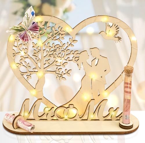 I LOVE MOM Geldgeschenk Hochzeit Holz, Mr & Mrs Hochzeitsgeschenk für Brautpaar Geld mit Herz, Lebensbaum von I LOVE MOM