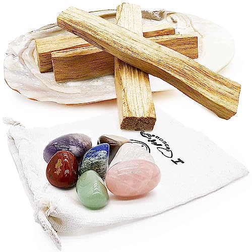 I LOVE MOM-Set Räucherstäbchen 4 Stück Palo Santo mit Perlenmuschel und 7 Steinen zum Reinigen Negativer Energien.Palo Santo Räucherstäbchen Peruanisches Naturholz Naturerbe von I LOVE MOM