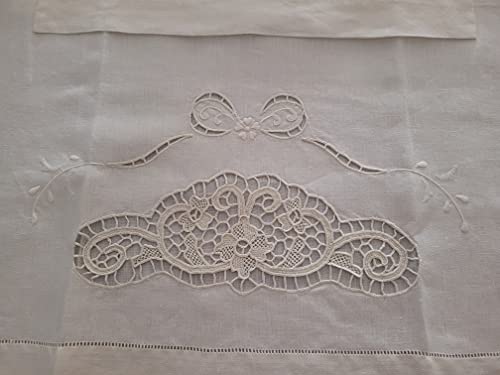 Handtücher 1+1 aus reinem Leinen Stickerei Burano von Venedig komplett von Hand Ecru' Badetücher von I MAESTRI DEL RICAMO
