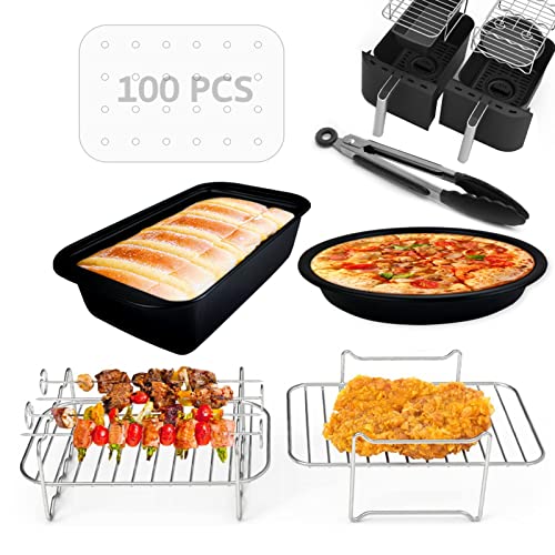 Fritteusen-Zubehör 6 Pack Passend FÜR Doppelkorb-Luftfritteusen, Einschließlich Kuchenformen, Pizzapfannen, Mehrstöckige Gestelle, Spießgestelle, Fritteusen-Backpapier, Klammern.… von I-MOGOO