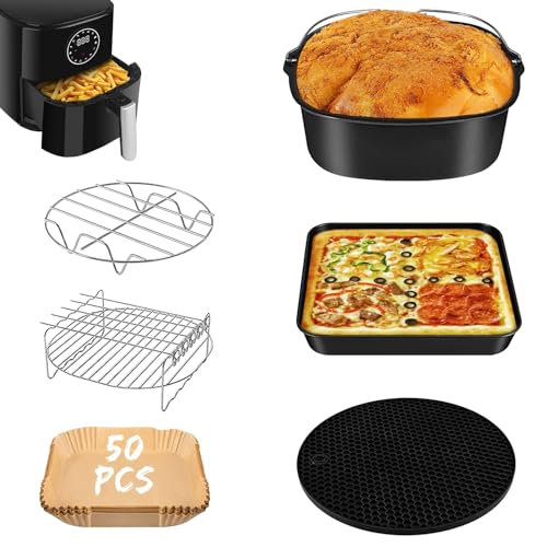 Platz Air Fryer Zubehör Set, 6 StÜCk Inkl. Quadratischer Kucheneimer/Pizzablech/Metallhalter/Luftfritteuse Papiereinlagen/Silikonmatte/KÜChenzange,Passend FÜR Alle Marken Größer Als 5,5 L von I-MOGOO