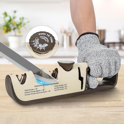 Messerschärfer,4 in 1 Manuelle Messerschärfer mit Scherenschleifer,Messerschleifer Profi mit 6 Stufen Individuell Verstellbar,Ergonomischer Griff Messer schärfen für Küchenmesser(Mit Handschuh), Beige von I-SHUNFA