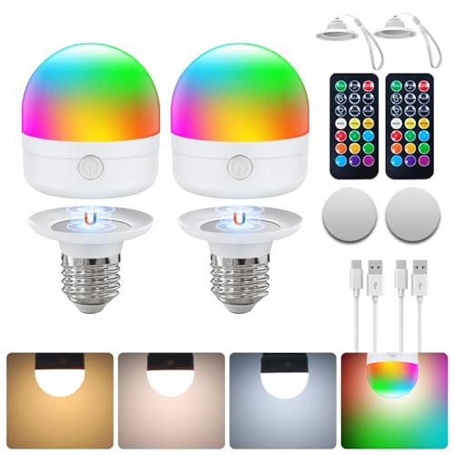 USB-C Aufladbare Glühbirne mit Fernbedienung,E27 LED Lampen 7W,CCTRGB Dimmbar Wiederaufladbare Glühbirne mit Timer und Batterie,2000mAh Outdoor Notlicht Mit Magnetische,2 Pack(mit Umhängeband) von I-SHUNFA