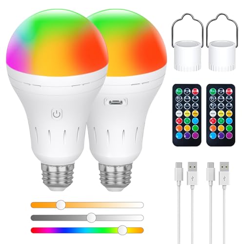 USB-C Wiederaufladbare Glühbirne mit Fernbedienung, AC100-240V Smart E27 LED 9W, CCTRGB Dimmbare Touch Control Aufladbare Glühbirnen mit Timer und Batterie, 2200mAh Outdoor-Notleuchte mit Haken,2 Pack von I-SHUNFA