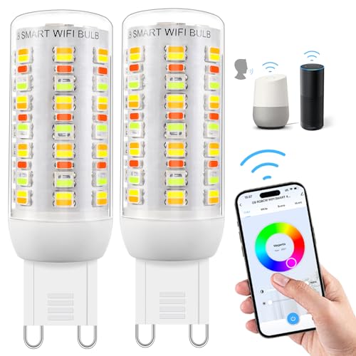 Wi-Fi RGBCW Smart G9 LED Lampen,Kompatibel mit Alexa /Google Home,AC 230V Mehrfarbrige dimmbare,2700K-6500K,Helligkeit einstellbar 1%-100%,4W,400LM,mit Musiksynchronisation LED Glühbirne,2er Pack von I-SHUNFA