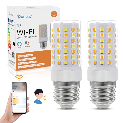 I-SHUNFA Wi-Fi Smart E27 LED glühbirne,7W 800LM,AC 230V stufenlos dimmbar,Kaltes Warmweiß 2700K-6500K,Kompatibel mit Alexa und Google Home,Kabellose und Sprachsteuerung (2er-Pack) von I-SHUNFA