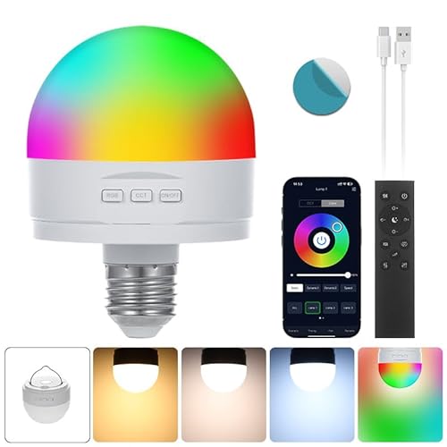 Wiederaufladbare Glühbirne Mit Fernbedienung und APP Control,Smart E27 LED Dimmbar CCT+RGB Glühbirne,5W USB Akku Glühbirne Mit Magnetische,3500mAH,Outdoor Notlicht Mit Haken,Timing Funktion,1 pack von I-SHUNFA