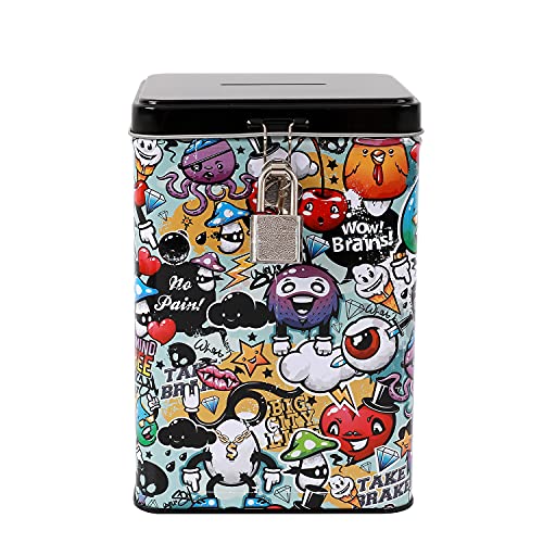 I-TOTAL® – Lustige Spardose mit Vorhängeschloss und Schlüssel, Sparbüchse aus Metall mit Verschluss (Graffiti) von I-TOTAL
