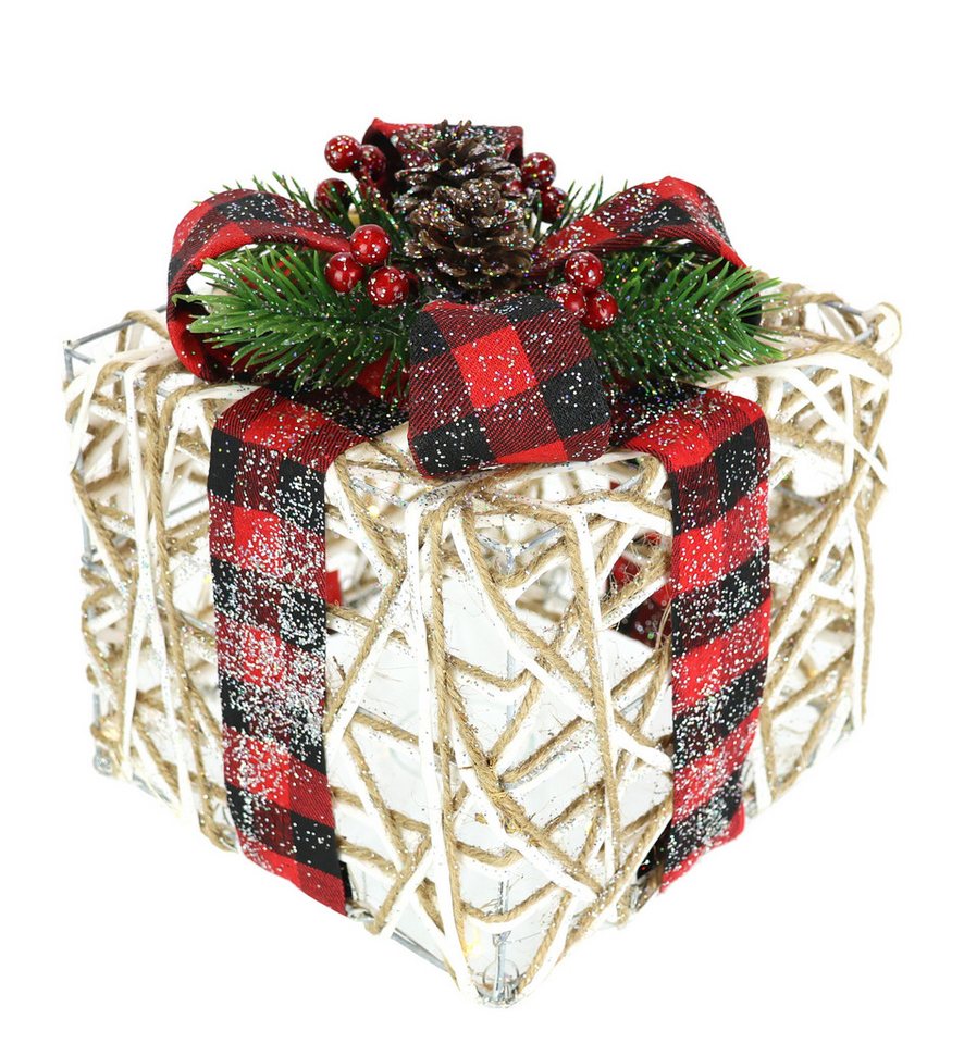 I.GE.A. Dekofigur Weihnachtsfigur Leuchtfigur LED-Geschenk mit Schleife (1 St), Geschenkpaket Schleife Tanne Beeren Zapfen Weihnachtsdeko beleuchtet von I.GE.A.