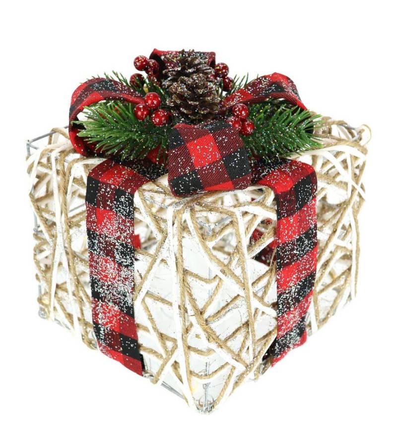 I.GE.A. Dekofigur Weihnachtsfigur Leuchtfigur LED-Geschenk mit Schleife (1 St), Geschenkpaket Schleife Tanne Beeren Zapfen Weihnachtsdeko beleuchtet von I.GE.A.