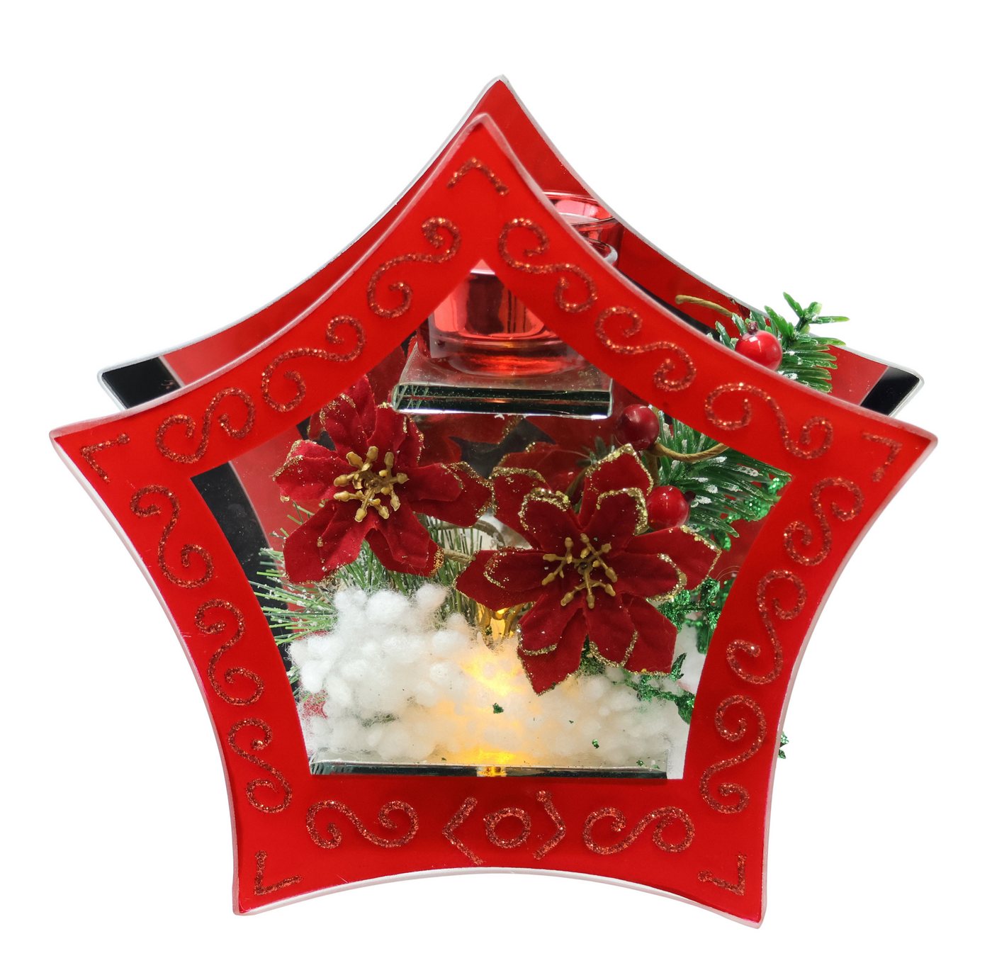 I.GE.A. Teelichthalter Deko-Objekt mit LED Licht und Teelichtkerze (1 St), Mit Christstern Beeren Tanne Kunstschnee Weihnachtsdeko Dekoobjekt von I.GE.A.