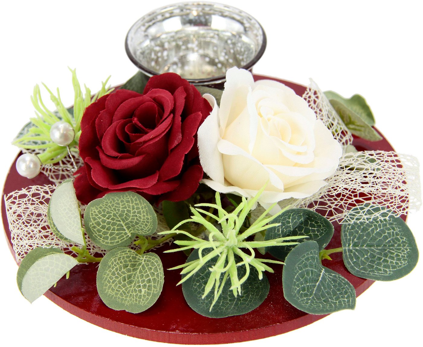 I.GE.A. Teelichthalter Mit Glaseinsatz und Teelichtkerze, künstlichen Rosen Eukalyptus (1 St), Kerzenständer Kerzenhalter Tischdeko Kerzen Muttertag Valentinstag von I.GE.A.