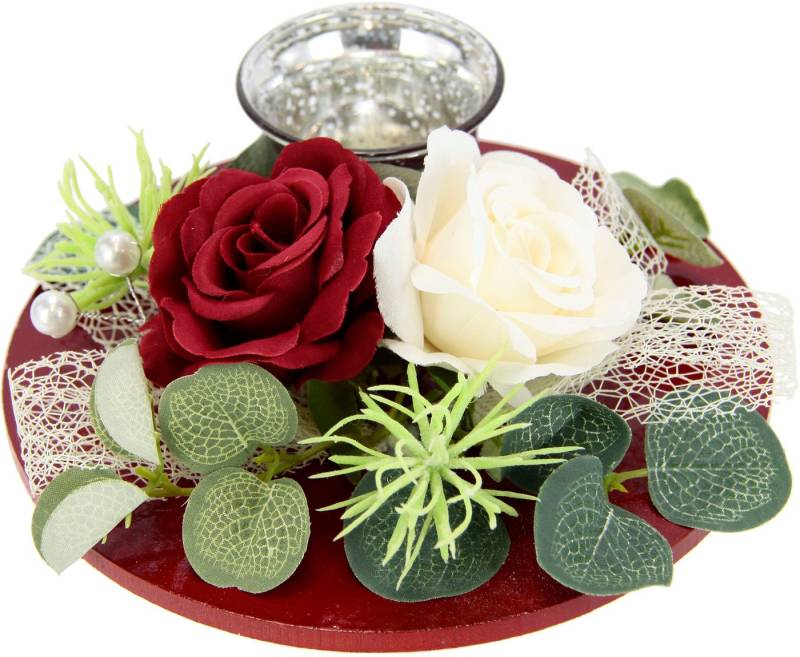 I.GE.A. Teelichthalter Mit Glaseinsatz und Teelichtkerze, künstlichen Rosen Eukalyptus (1 St), Kerzenständer Kerzenhalter Tischdeko Kerzen Muttertag Valentinstag von I.GE.A.
