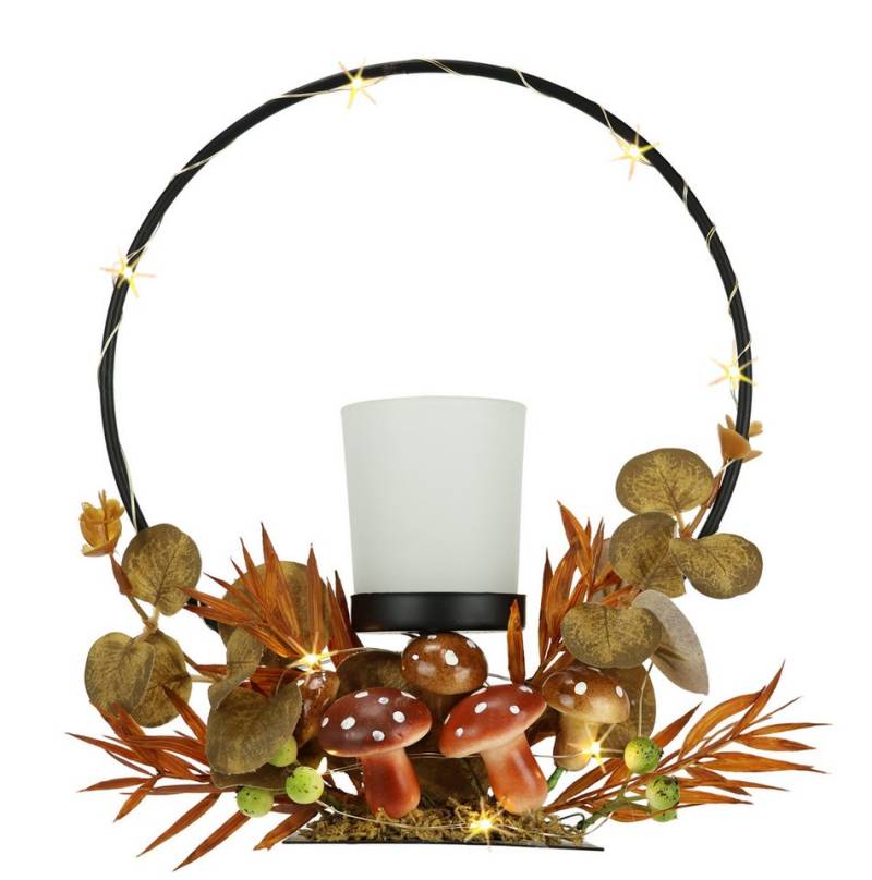 I.GE.A. Teelichthalter Teelichthalter mit Metall-Bogen LED-Licht (1 St), Herbstlich dekoriert Herbstlaub Eukalyptus Teelicht-Glas von I.GE.A.