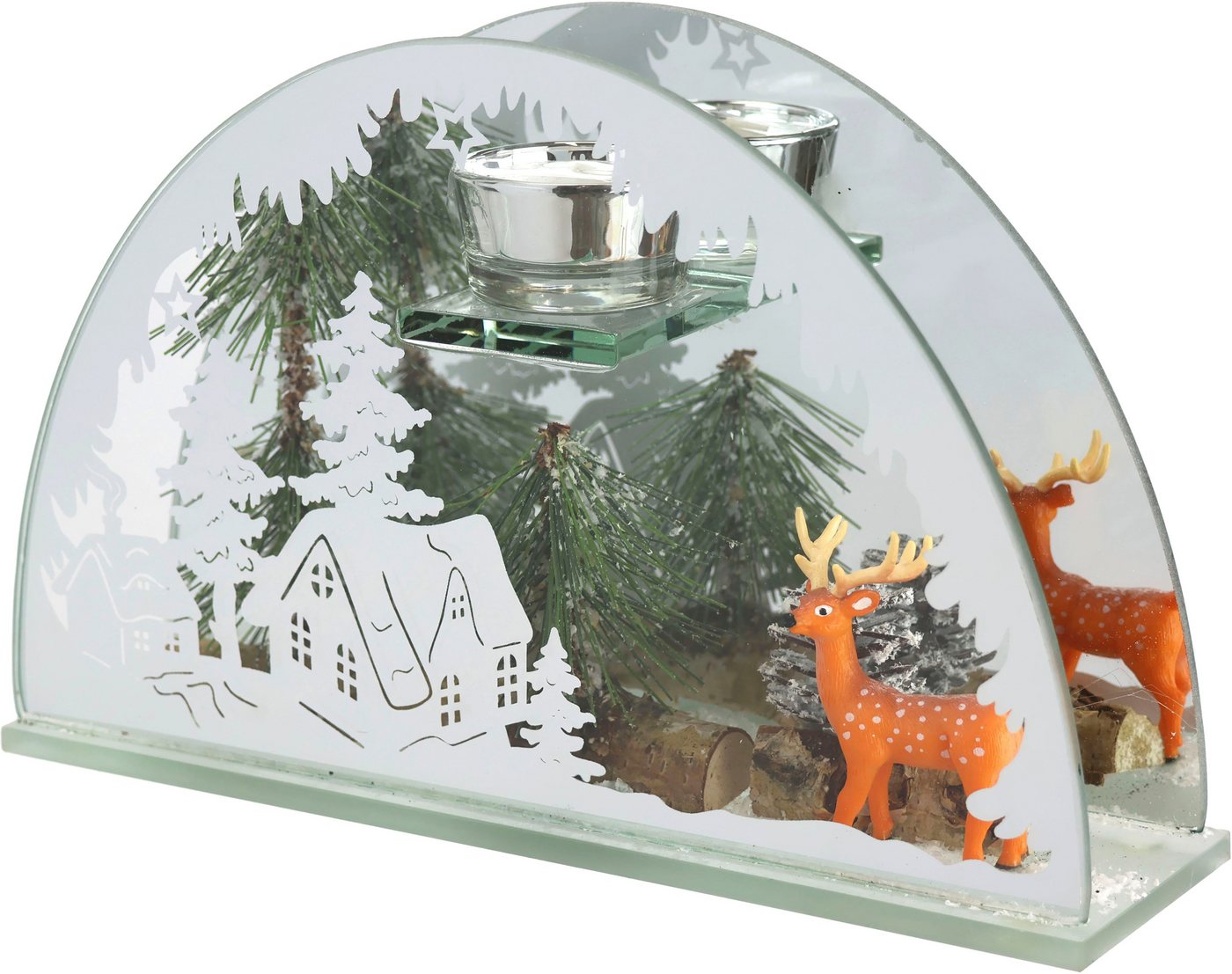 I.GE.A. Teelichthalter Weihnachtsdeko, Kerzenhalter, Deko-Objekt (1 St), aus Spiegelglas, mit Hirsch-Deko in Winterlandschaft, Höhe ca. 15 cm von I.GE.A.