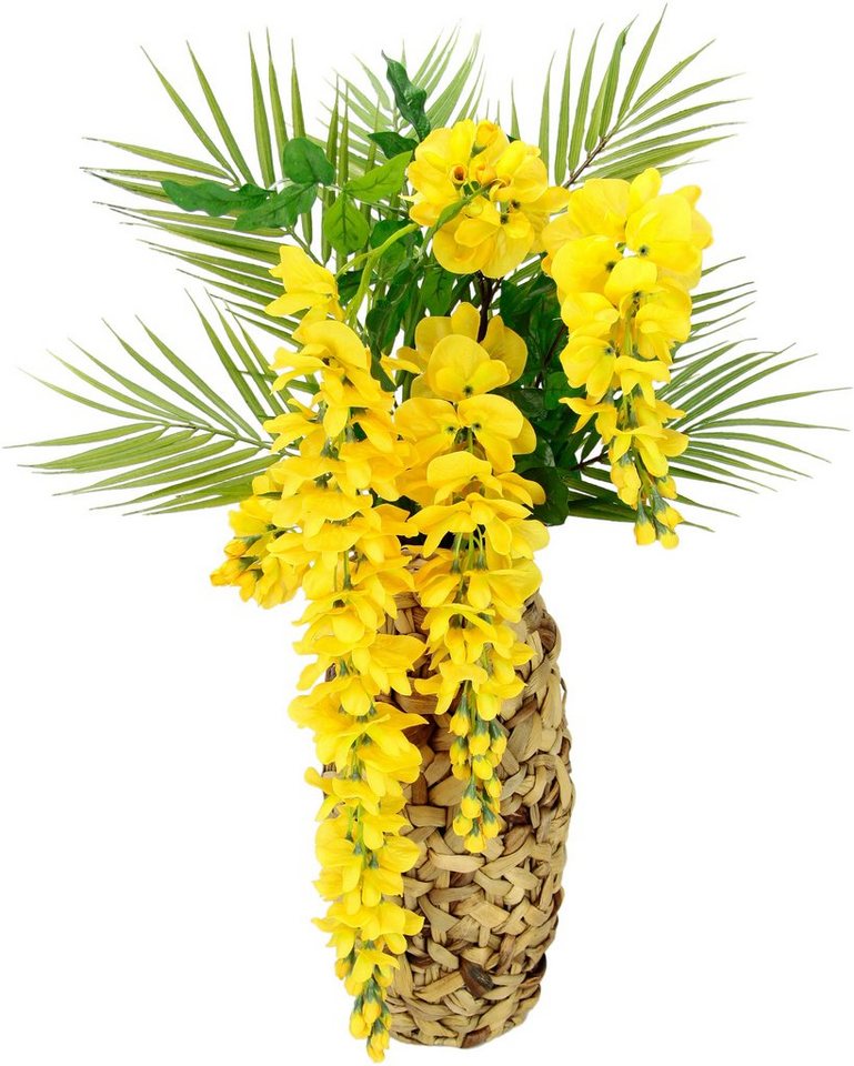 Kunstblume Blumenarrangement Goldregen mit Palmenzweige, I.GE.A., Höhe 70 cm, Vase aus Wasserhyazinthe von I.GE.A.