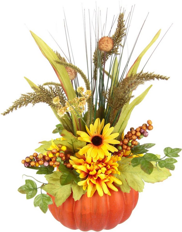 Kunstblume Gesteck aus Dahlien Beeren Gräsern im Kürbis, I.GE.A., Höhe 40 cm, Arrangement mit künstlichen Blumen Dekoblumen Herbstdeko von I.GE.A.