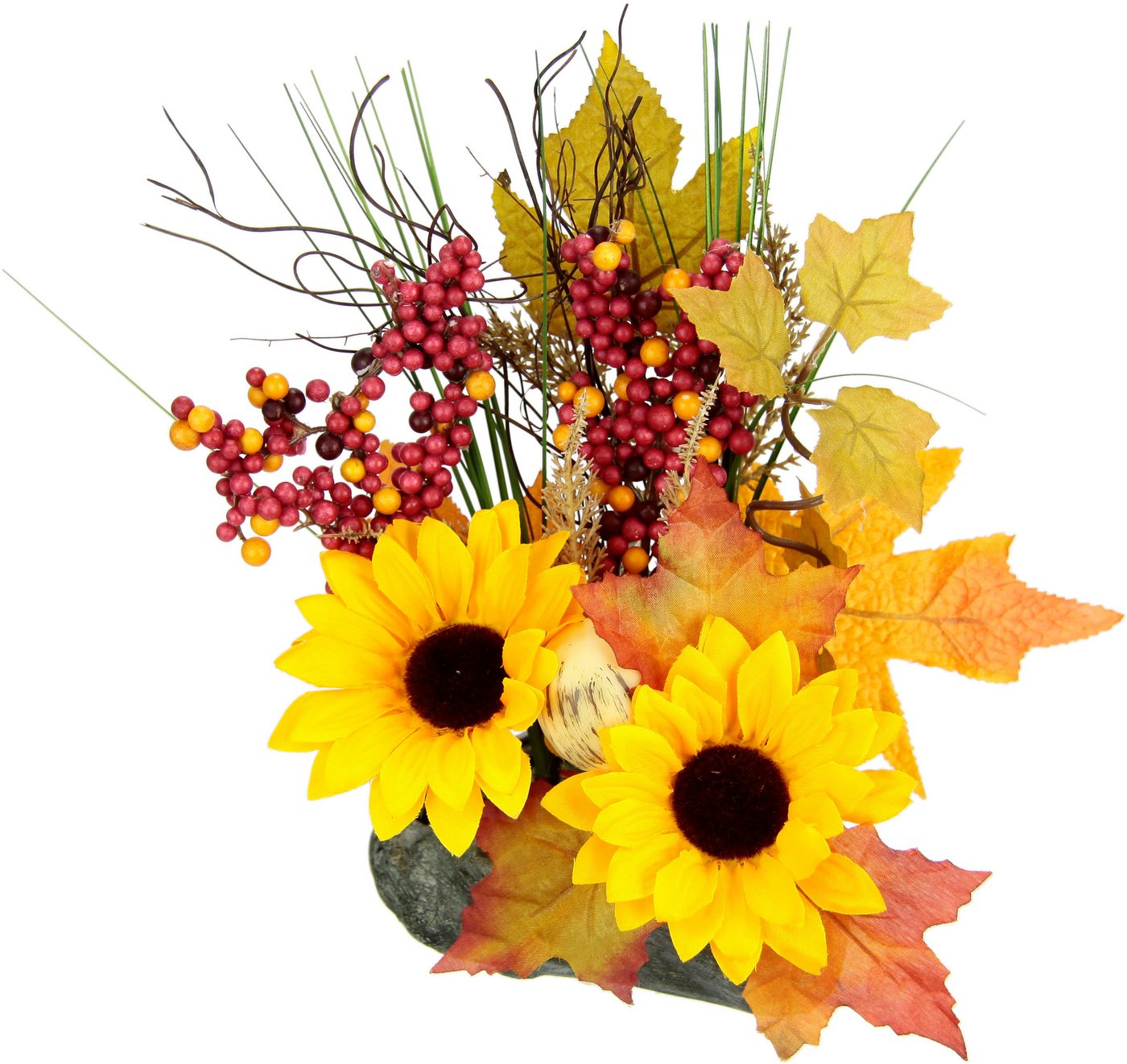 Kunstblume Gesteck aus Sonnenblumen auf Stein, I.GE.A., Höhe 28 cm, Künstliche Blumen Herbstgesteck Deko Ornamente für Halloween von I.GE.A.