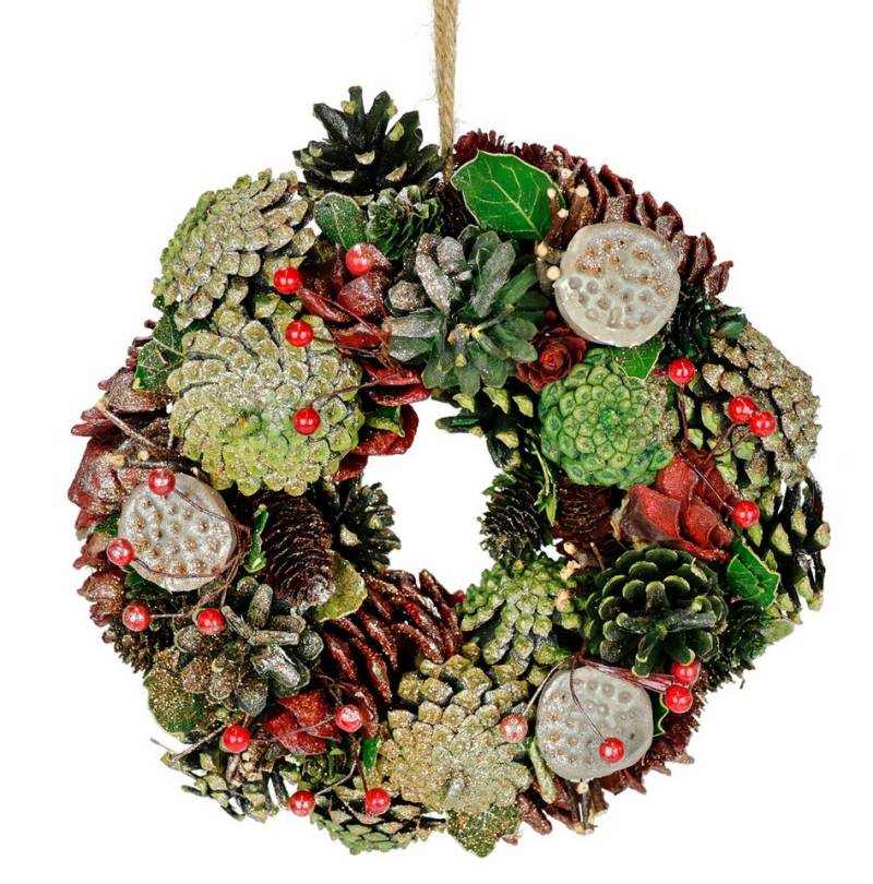 Kunstkranz Natur-Kranz mit echten Zapfen Lotus Perlen Beeren Zapfen, I.GE.A., Höhe 23 cm, Türkranz Tischkranz Adventsdeko Adventskranz Weihnachtsdeko von I.GE.A.