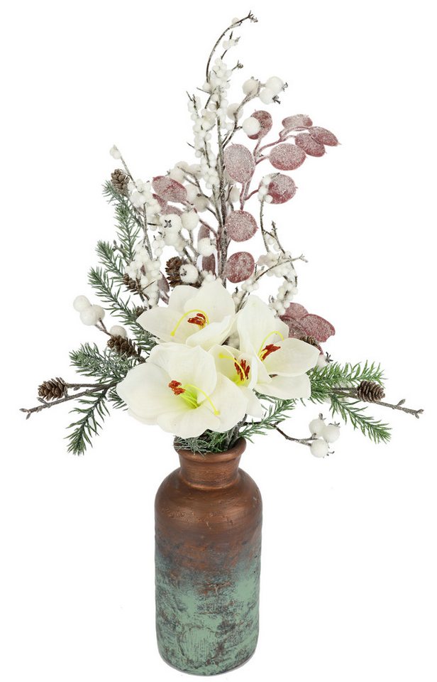 Winterliche Kunstpflanze Gesteck mit Amaryllis in Vase aus Keramik, Kunstblumen-Arrangement, Amaryllis, Tanne, I.GE.A., Höhe 52 cm, Weihnachtsdeko mit Blüten, Zweigen mit Zapfen, Beeren und Eukalyptus von I.GE.A.