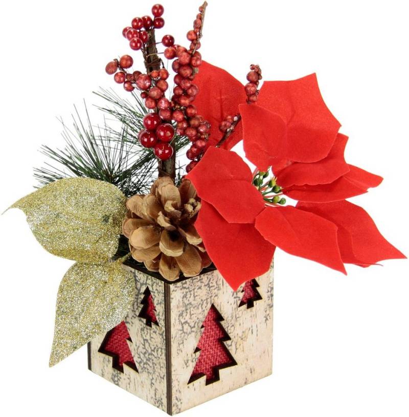 Winterliche Kunstpflanze Gesteck mit Poinsettia im Topf, Weihnachtsstern, Weihnachtsdeko, Christstern, I.GE.A., Höhe 26 cm, Kunstblumen-Gesteck mit Beeren, Zapfen und Tannenzweigen von I.GE.A.