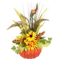 I.GE.A. Kunstblume "Gesteck aus Dahlien Beeren Gräsern im Kürbis", Arrangement mit künstlichen Blumen Dekoblumen Herbstdeko von I.Ge.A.