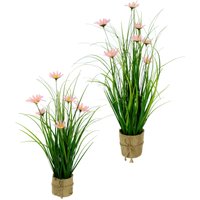 I.GE.A. Kunstgras "Gasbusch", mit Margeritenblüten und Band, in Jutetopf, 2er Set von I.Ge.A.