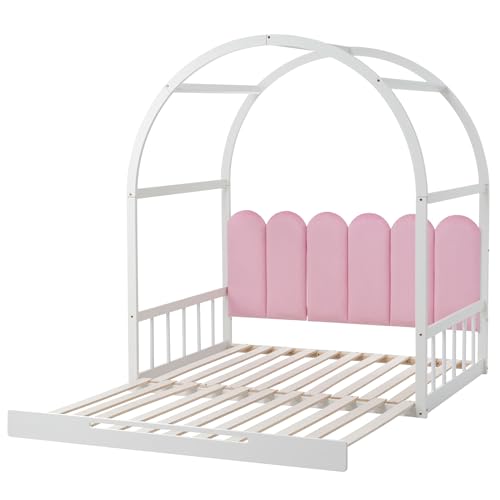Erweiterbares Kinderbett 140x100/140x200 cm mit Dach, Schiebebett Tagesbett Doppelbett, mit Samtkissen & Fallschutz, Hausbett aus Kiefernholz in Weiß & Rosa für Mädchen (Stil 2) von I0I&I0I