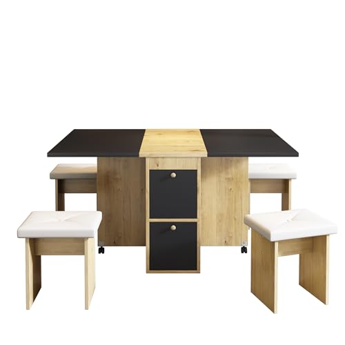 Esstisch-Set mit Klapp- und Ausziehfunktion, 4 Stühle, Multifunktionaler Esstisch, Esszimmer- und Arbeitsbereich, Stabiler Spanplatten-Esstisch, Einfacher Aufbau (Weiß/Eiche/Schwarz, 120*80*75cm) von I0I&I0I